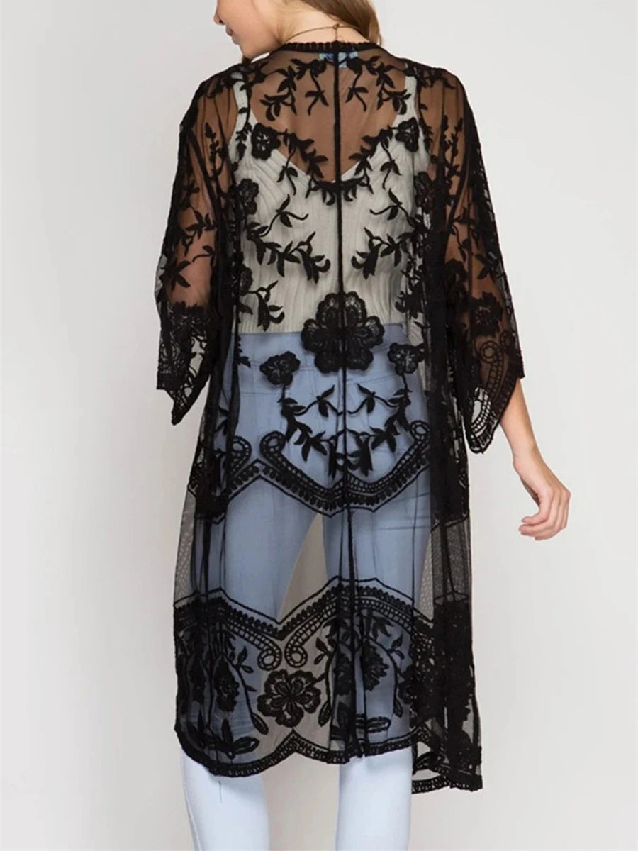 Kimono Mi-long Femme Style Bohème Chic - Transparent et Fleuri