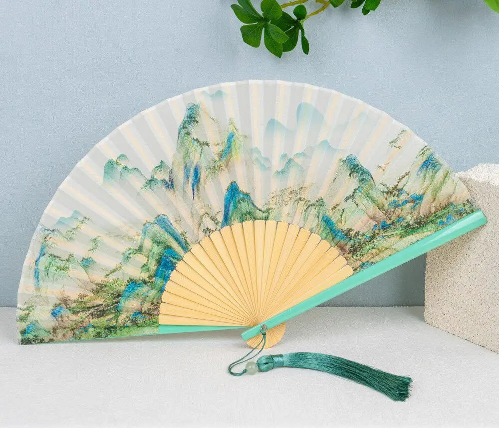 Éventail Japonais Pliant en Soie et Bambou – Motif Nature Rétro