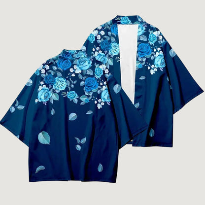 Kimono Court Femme Style Sakura Roses bleues