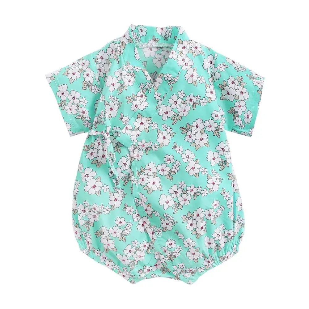 Barboteuse Bébé Fille Fleurie en Coton - Style Kimono Été