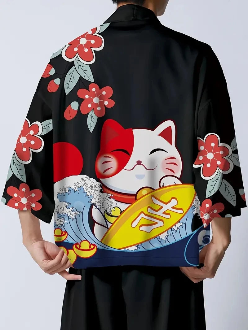 Kimono Court Unisexe Style Japonais avec Motifs Chats