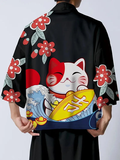 Kimono Court Unisexe Style Japonais avec Motifs Chats