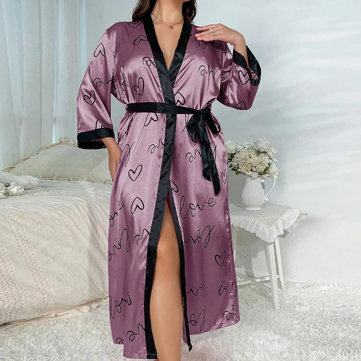 Kimono Long Satiné Femme Grande Taille - Motif Coeur