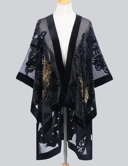 Kimono Court Fleuri en Dentelle et Velours pour Femme