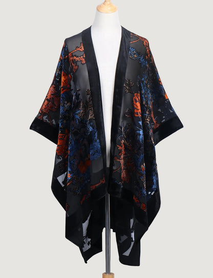 Kimono Court Fleuri en Nylon et Velours