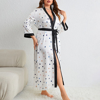 Kimono Long Satiné Grande Taille Femme - Motif Coeur