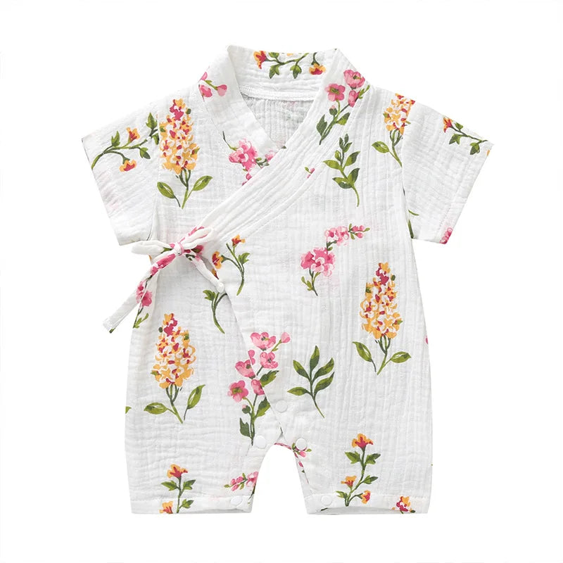 Barboteuse Bébé Fille Fleurie en Coton - Style Kimono d'Été