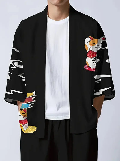 Kimono Court Homme Style Japonais Motif Chat