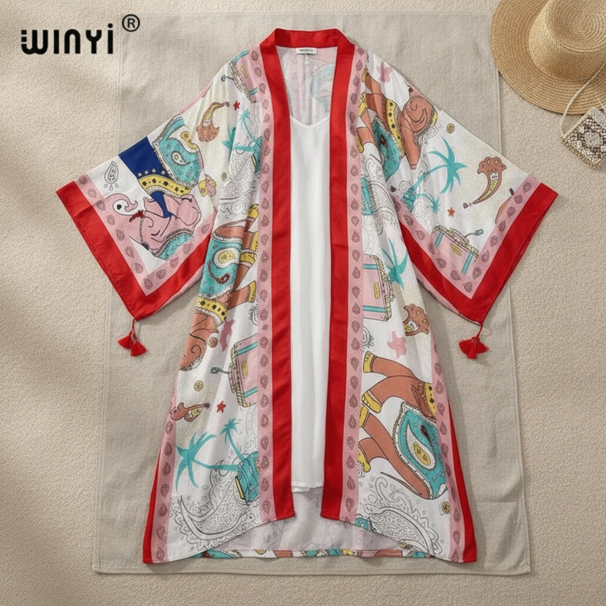 Kimono Long Bohème Femme V-Neck Manches Chauve-Souris Imprimé Fleuri Été