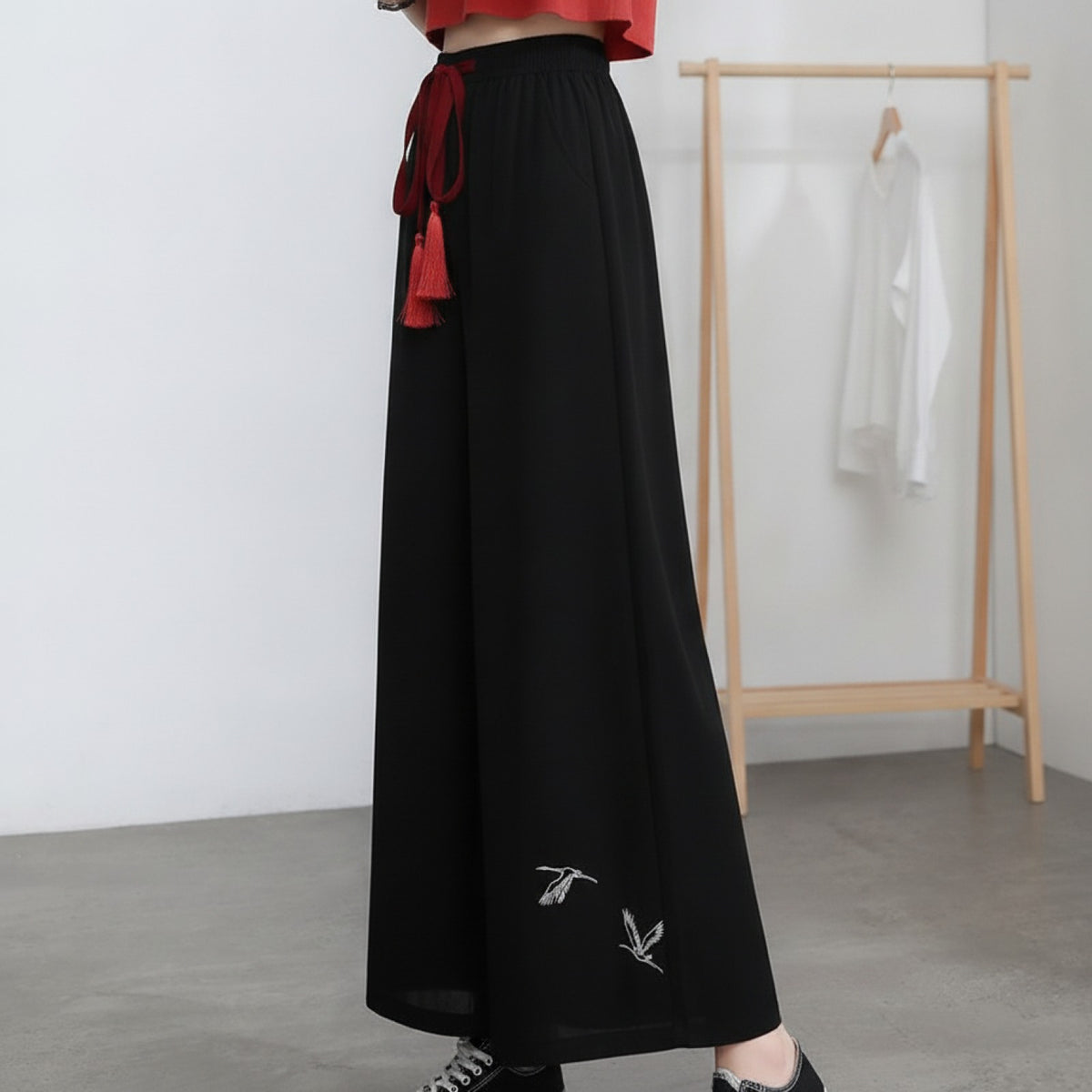 Pantalon Court Femme Tangslady Style Chiffon Léger Motif Oiseaux