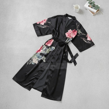 Kimono Long Satiné Noir Imprimé Fleuri Femme - Taille Unique