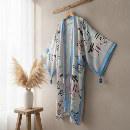 Kimono Long Bohème Femme Motif Ethnique Fleuri Bleu