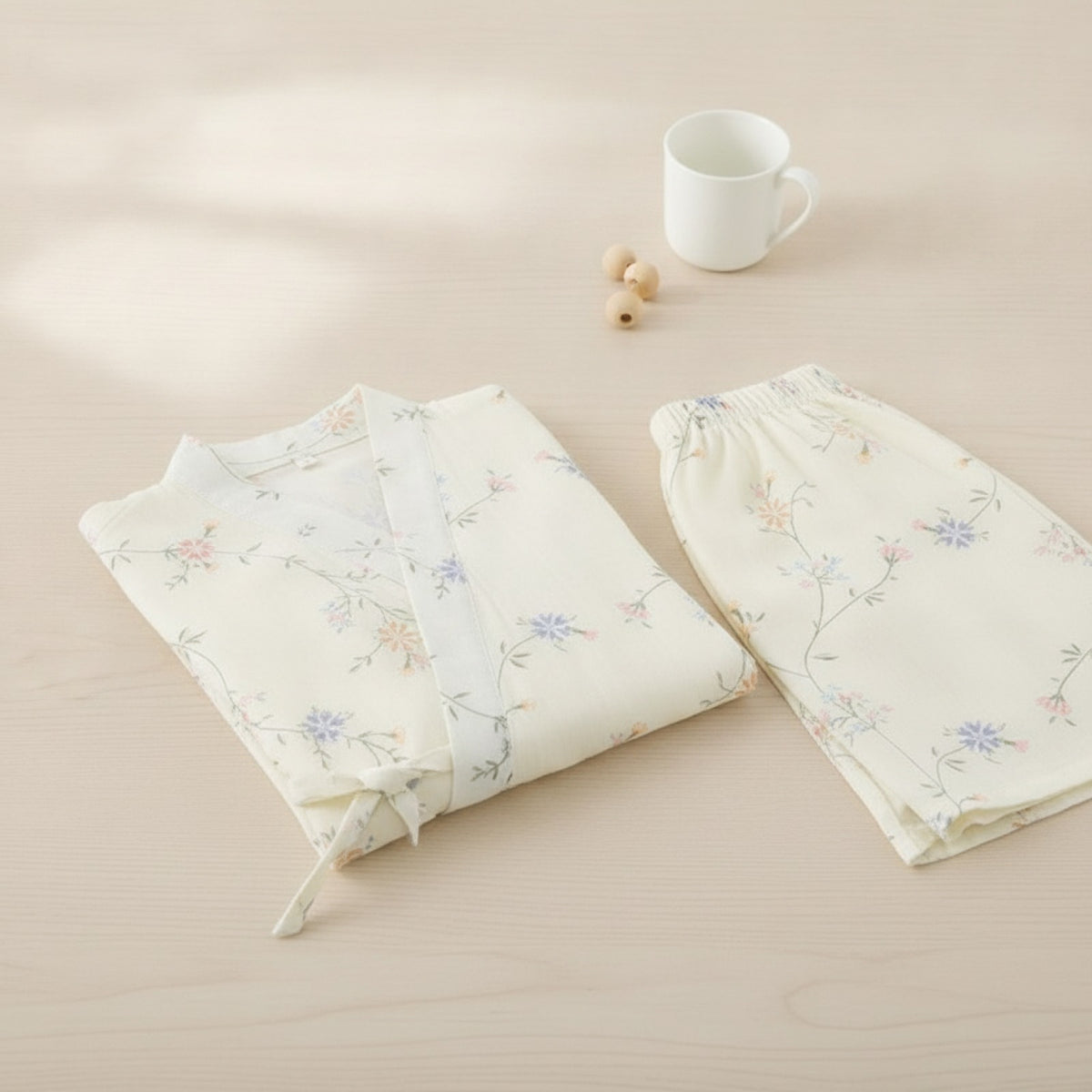 Pyjama Court en Coton pour Femme - Style Kimono V-Neck Fleuri