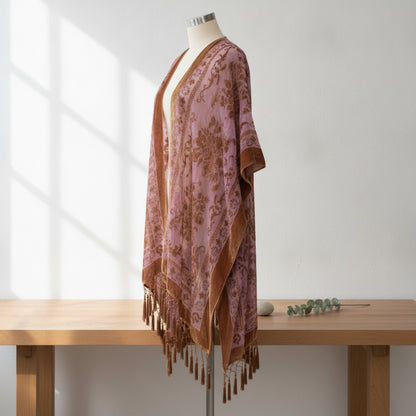 Kimono Court Fleuri en Nylon et Velours pour Femme - Style National