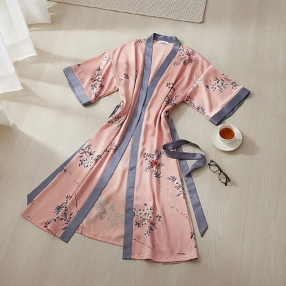 Kimono Long Fleuri Satiné Femme - Noir, Taille Unique