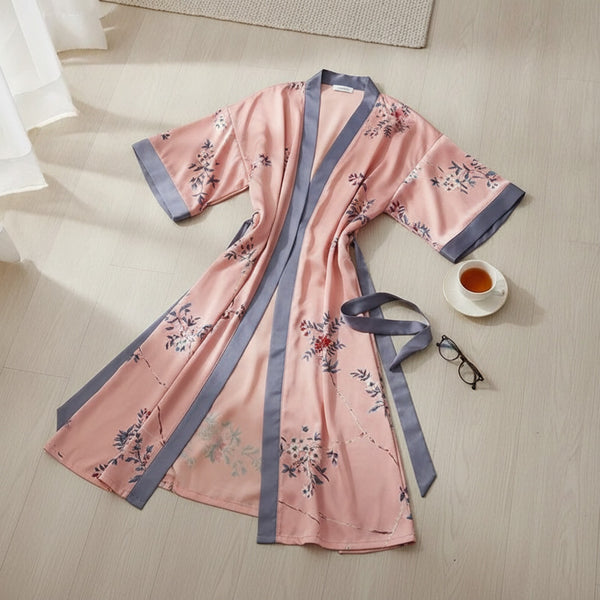 Kimono Long Fleuri Satiné Femme - Noir, Taille Unique
