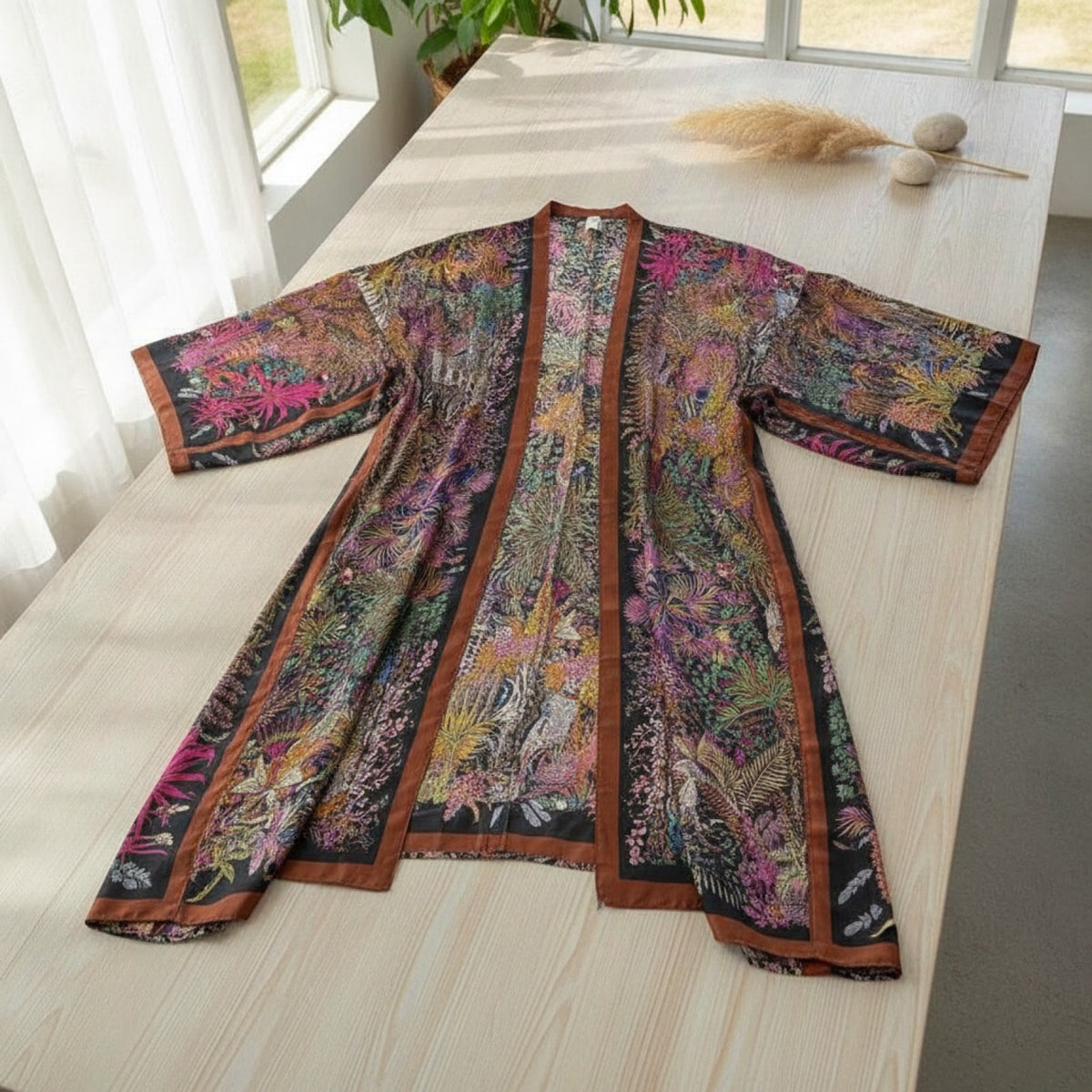 Kimono Long Bohème Imprimé Polyester pour Femme - Style Été Léger