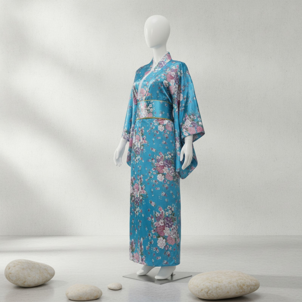 Kimono Femme Traditionnel Satiné Long Fleuri - Taille Unique