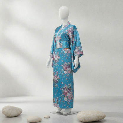 Kimono Femme Traditionnel Satiné Long Fleuri - Taille Unique