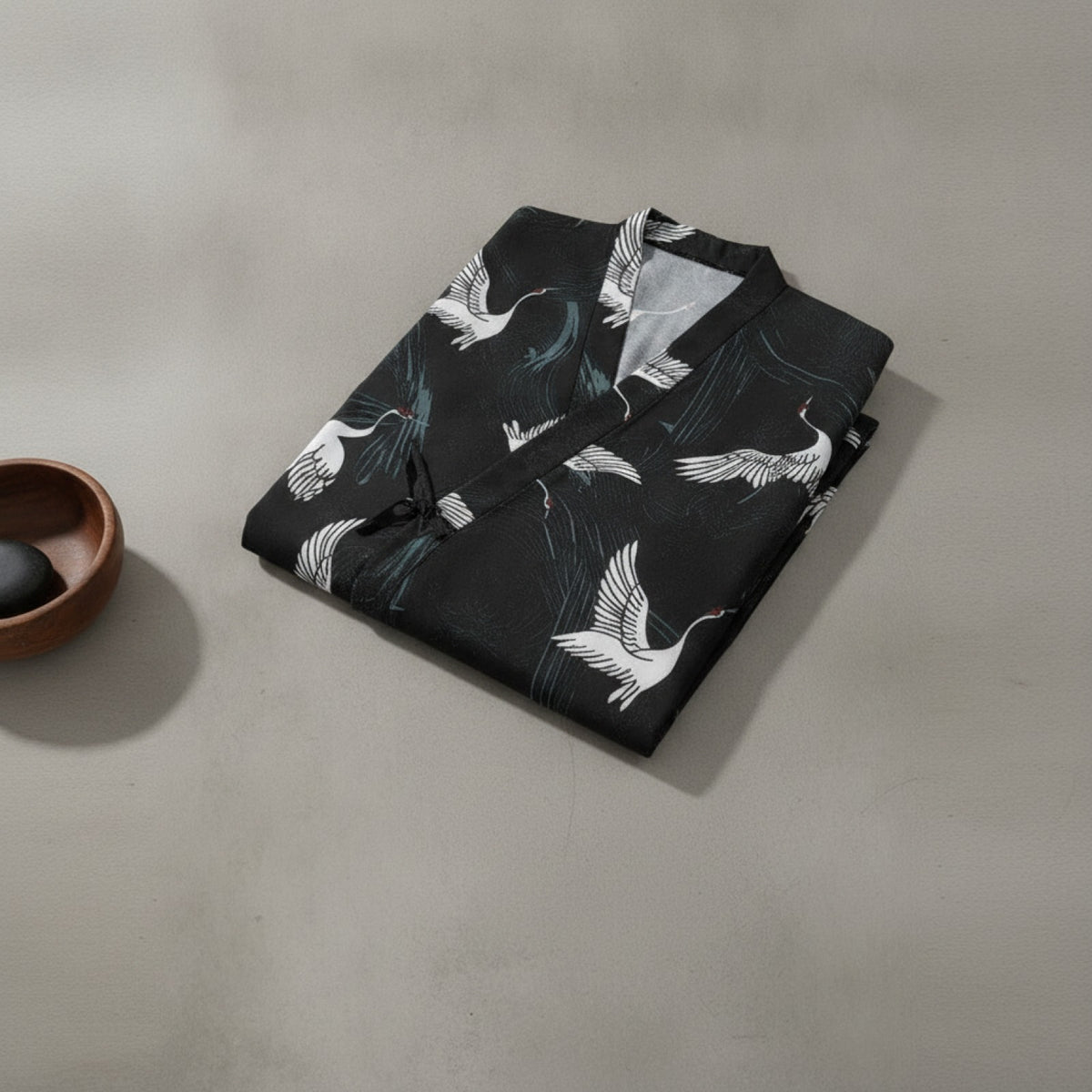 Ensemble Kimono Homme Polyester Léger Motif Oiseaux Noir