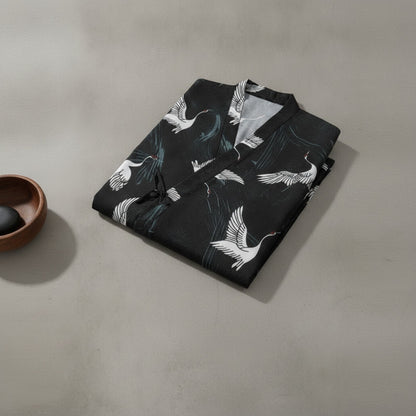 Ensemble Kimono Homme Polyester Léger Motif Oiseaux Noir