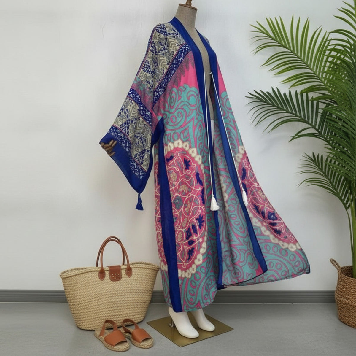 Kimono Long Bohème Femme V-Neck Manches Chauve-Souris Imprimé Fleuri Été