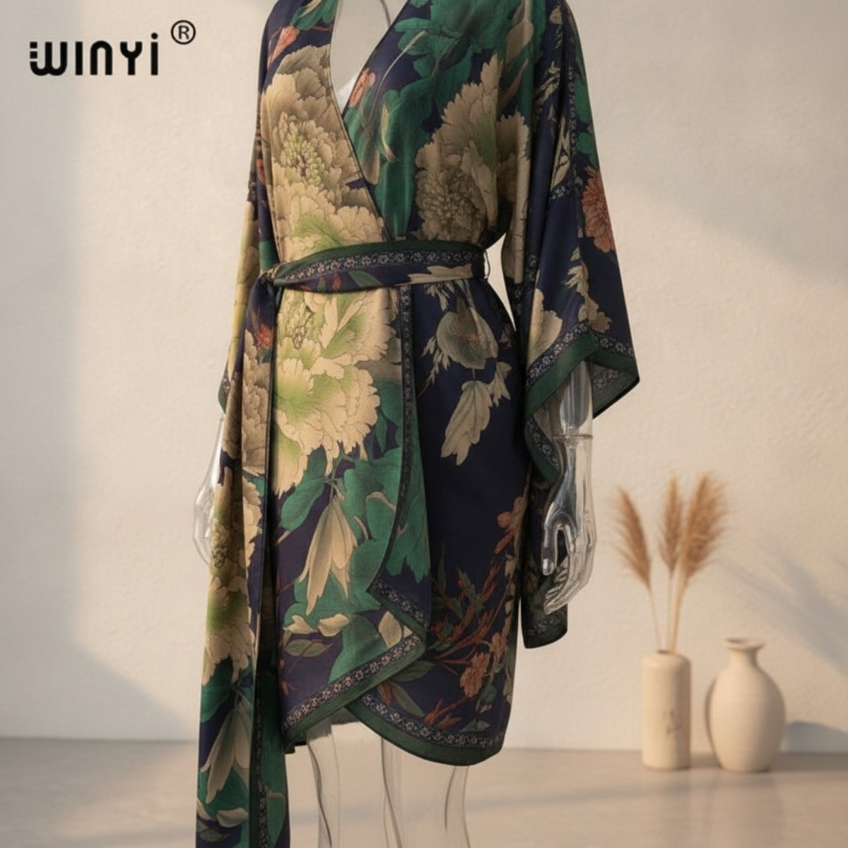 Kimono Mi-long Imprimé Style Bohème Polyester Femme