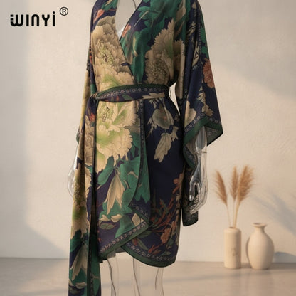 Kimono Mi-long Imprimé Style Bohème Polyester Femme