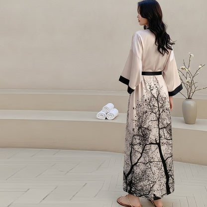 Kimono Long Fleuri en Satin Noir pour Femme - Taille Unique