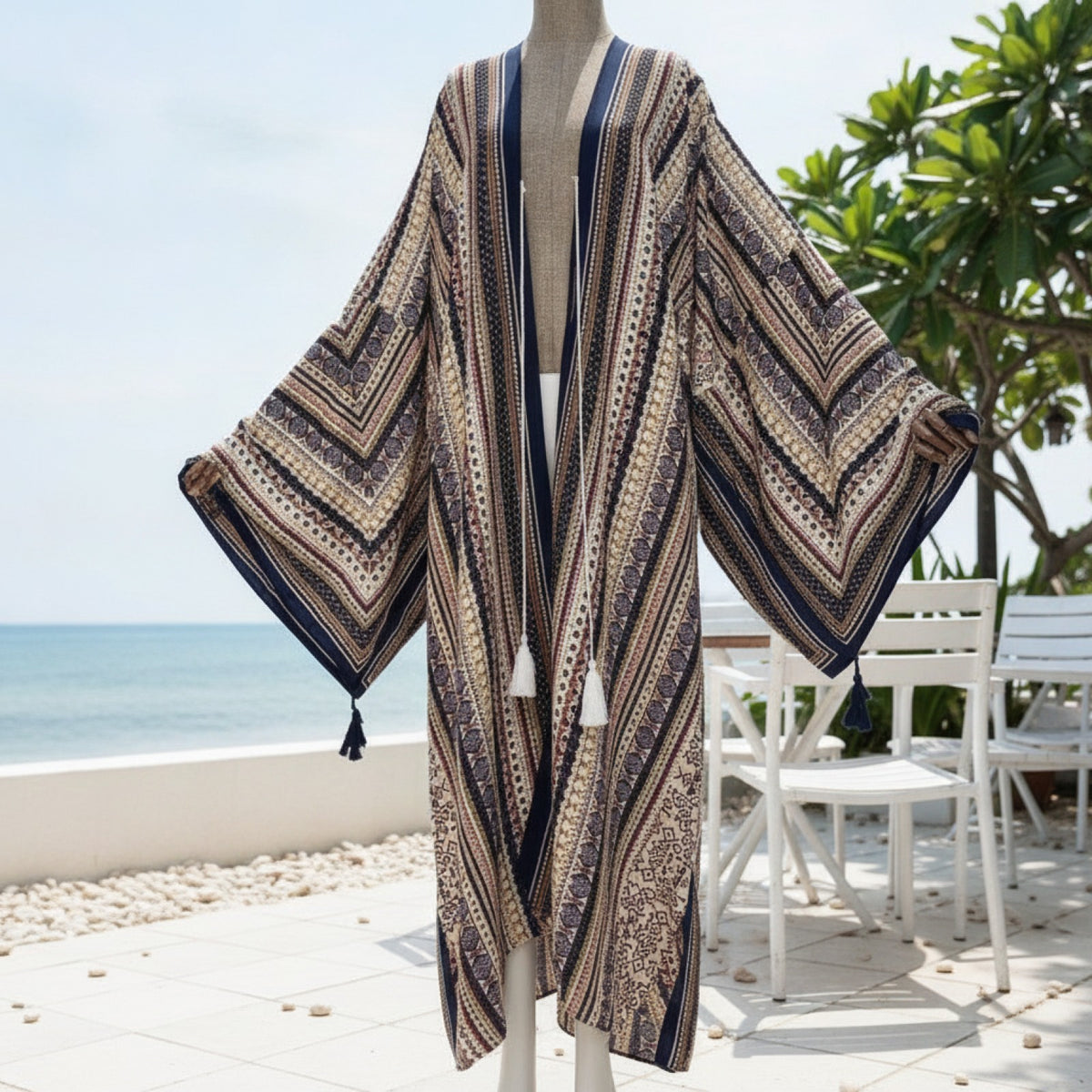 Kimono Long Bohème Femme Motif Ethnique Beige