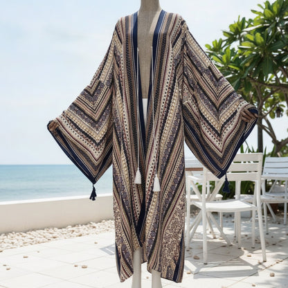 Kimono Long Bohème Femme Motif Ethnique Beige