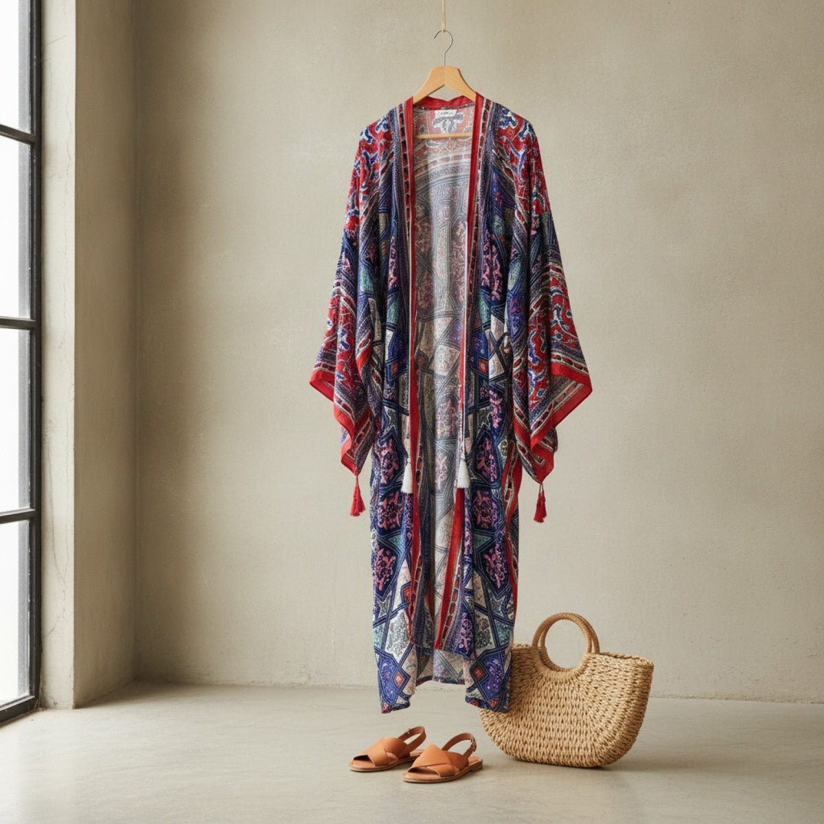 Kimono Long Bohème Femme Imprimé Fleuri Manches Chauve-Souris