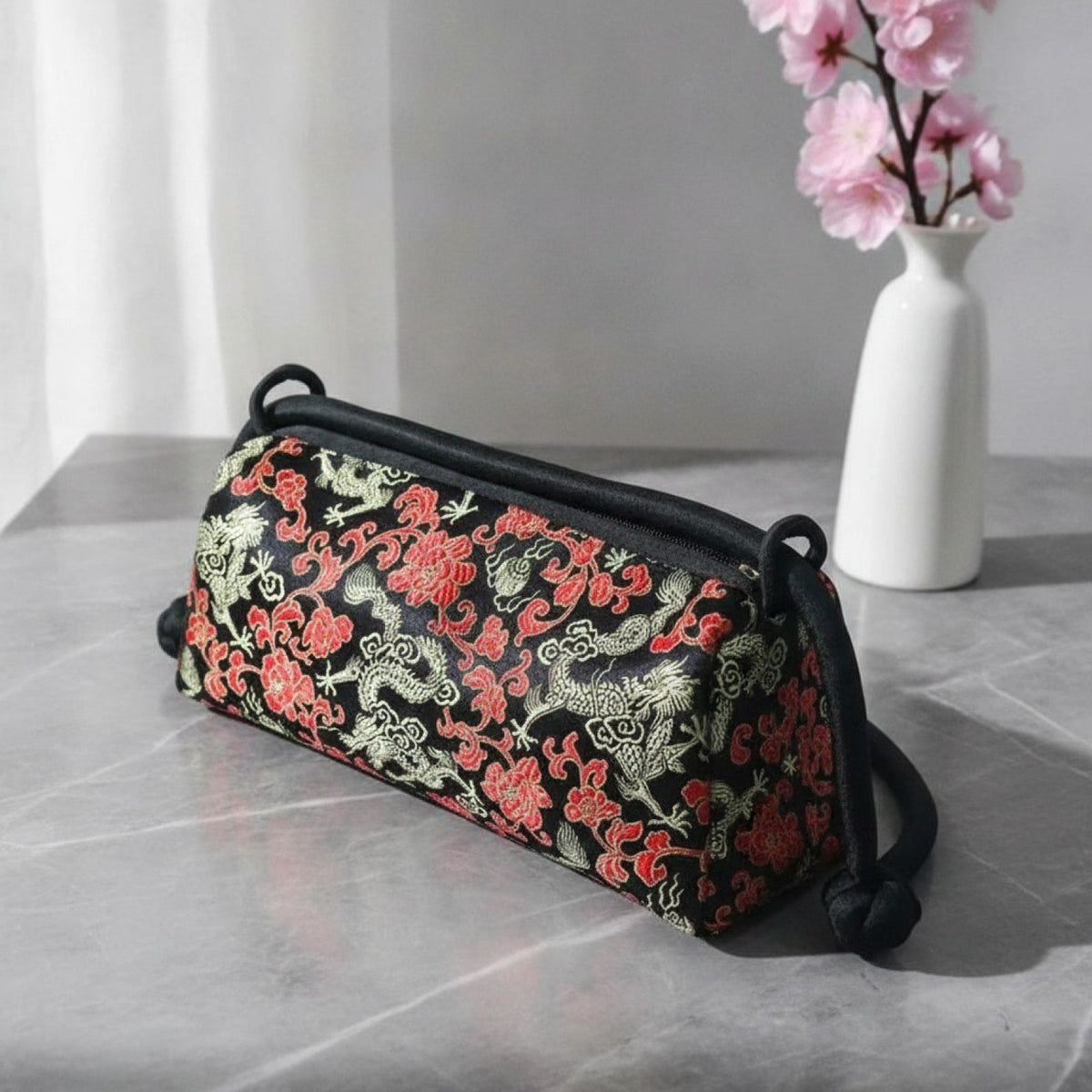 Sac à main femme style chinois en satin, fermeture zippée, 24cm