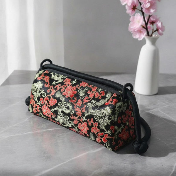 Sac à main femme style chinois en satin, fermeture zippée, 24cm