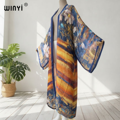 Kimono Long Femme Style Bohème Imprimé Polyester Léger