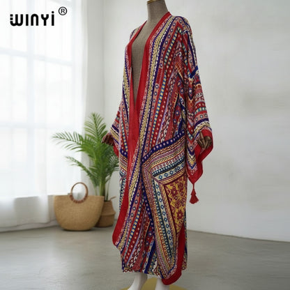 Kimono Long Bohème Femme Imprimé Ethnique - Manches Chauve-Souris