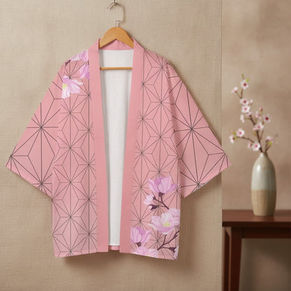 Kimono Court Polyester Style Asiatique "Rose Géométrique"