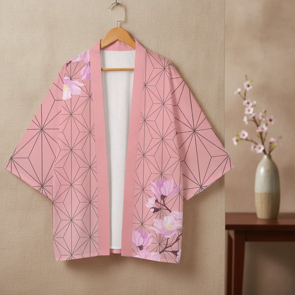 Kimono Court Polyester Style Asiatique "Rose Géométrique"