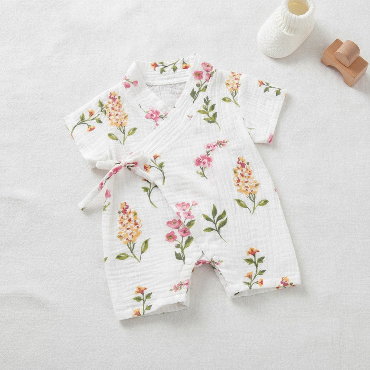 Barboteuse Bébé Fille Fleurie en Coton - Style Kimono d'Été