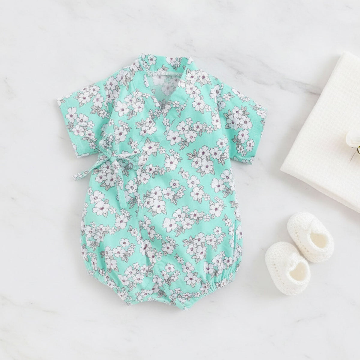 Barboteuse Bébé Fille Fleurie en Coton - Style Kimono Été