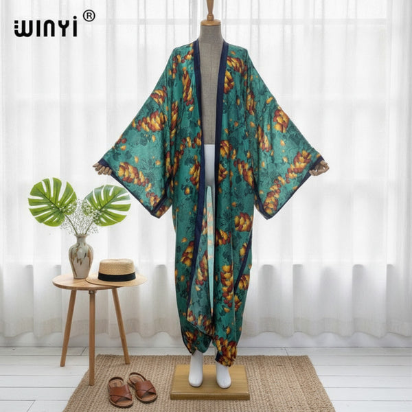 Kimono Long Bohème Imprimé Polyester Femme - Style Léger et Fleuri