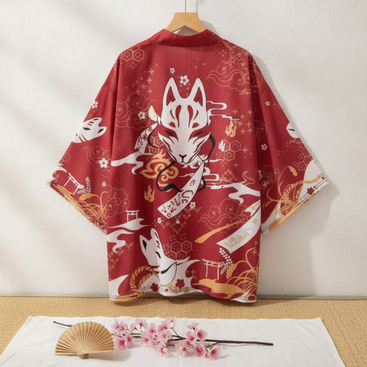 Kimono Court Homme Style Japonais avec Motifs Renard et Fleurs de Cerisier