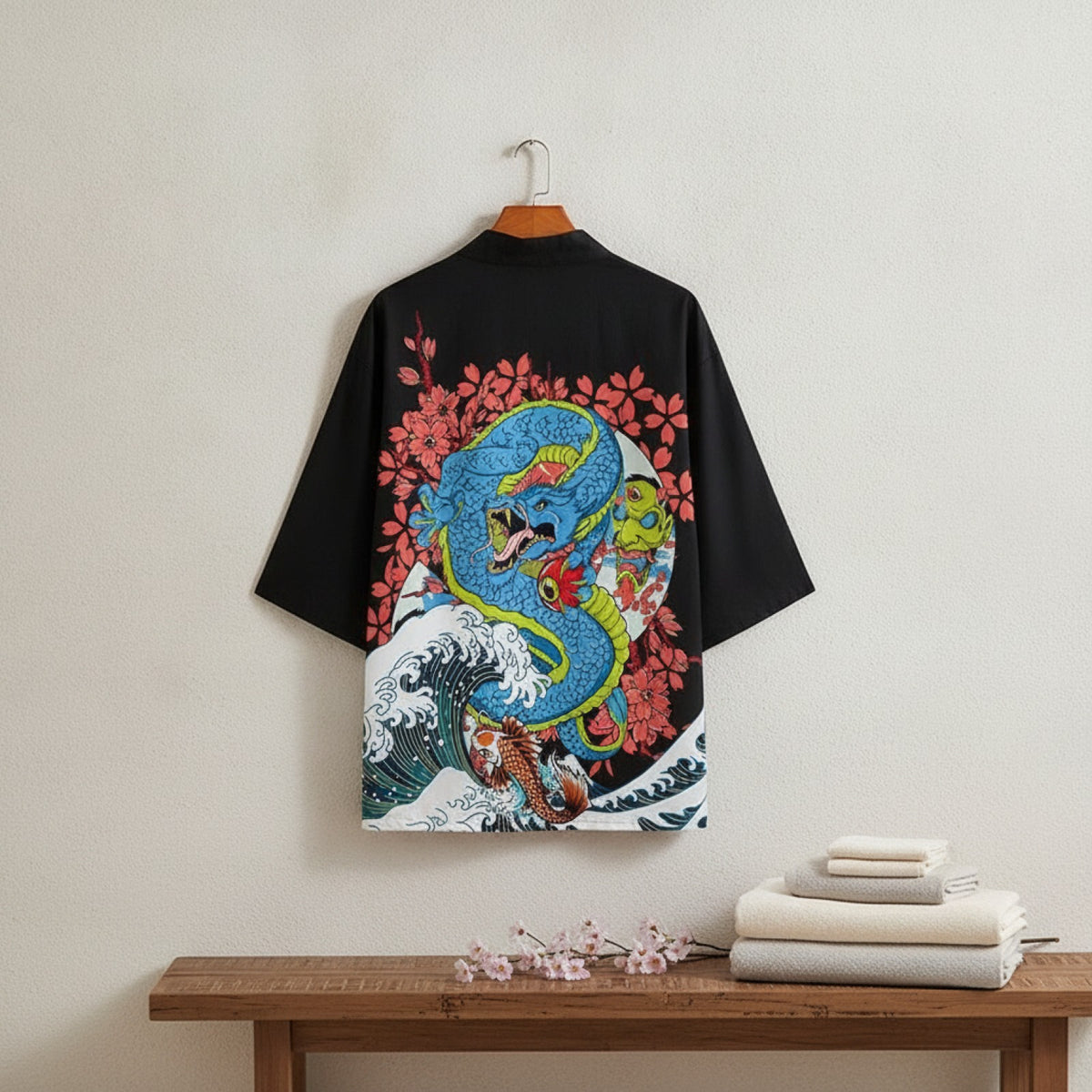 Kimono Court Polyester Motif Dragon Noir EASTQUEEN