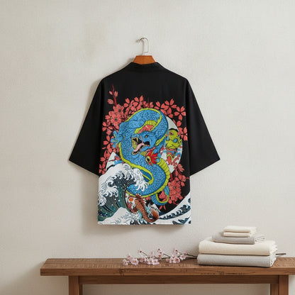 Kimono Court Polyester Motif Dragon Noir EASTQUEEN