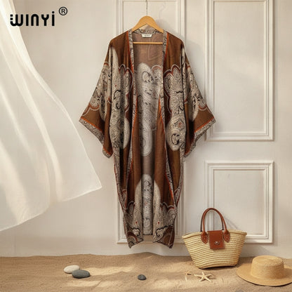 Kimono Long Bohème Imprimé Polyester Femme - Style Léger Été 2024