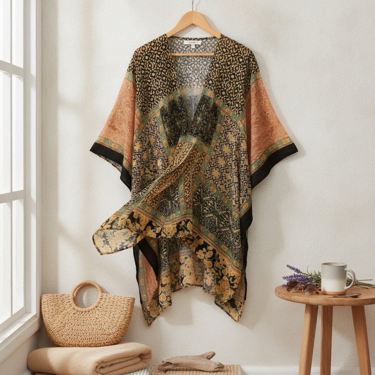 Kimono Court Fleuri Femme en Nylon et Velours - Style National