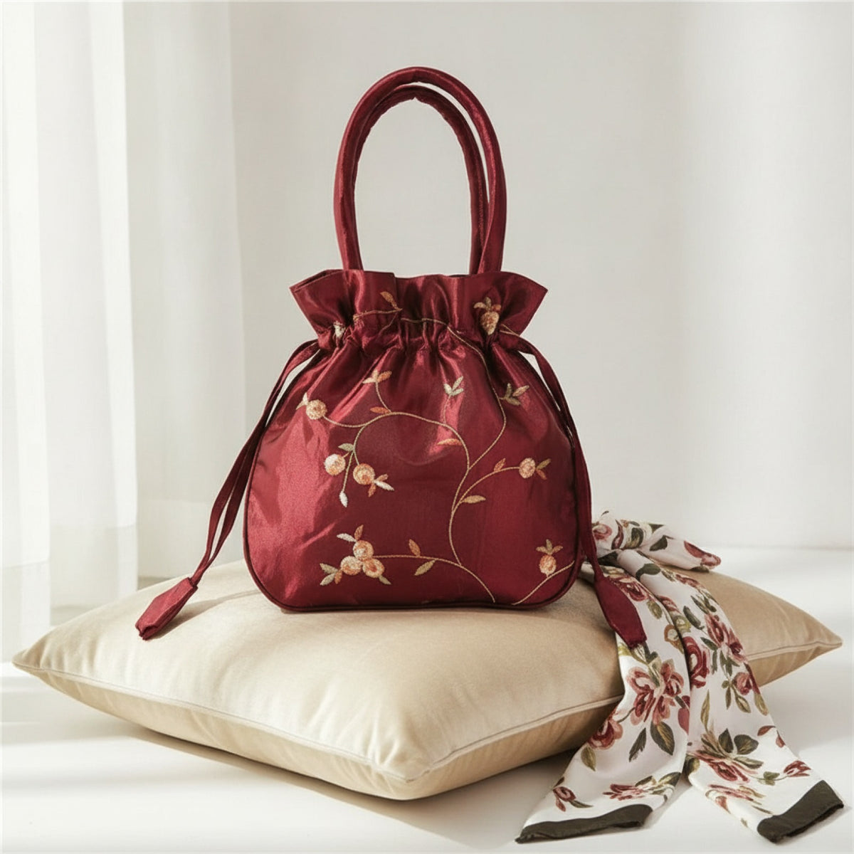 Sac à main bourse en satin avec broderies florales pour femme