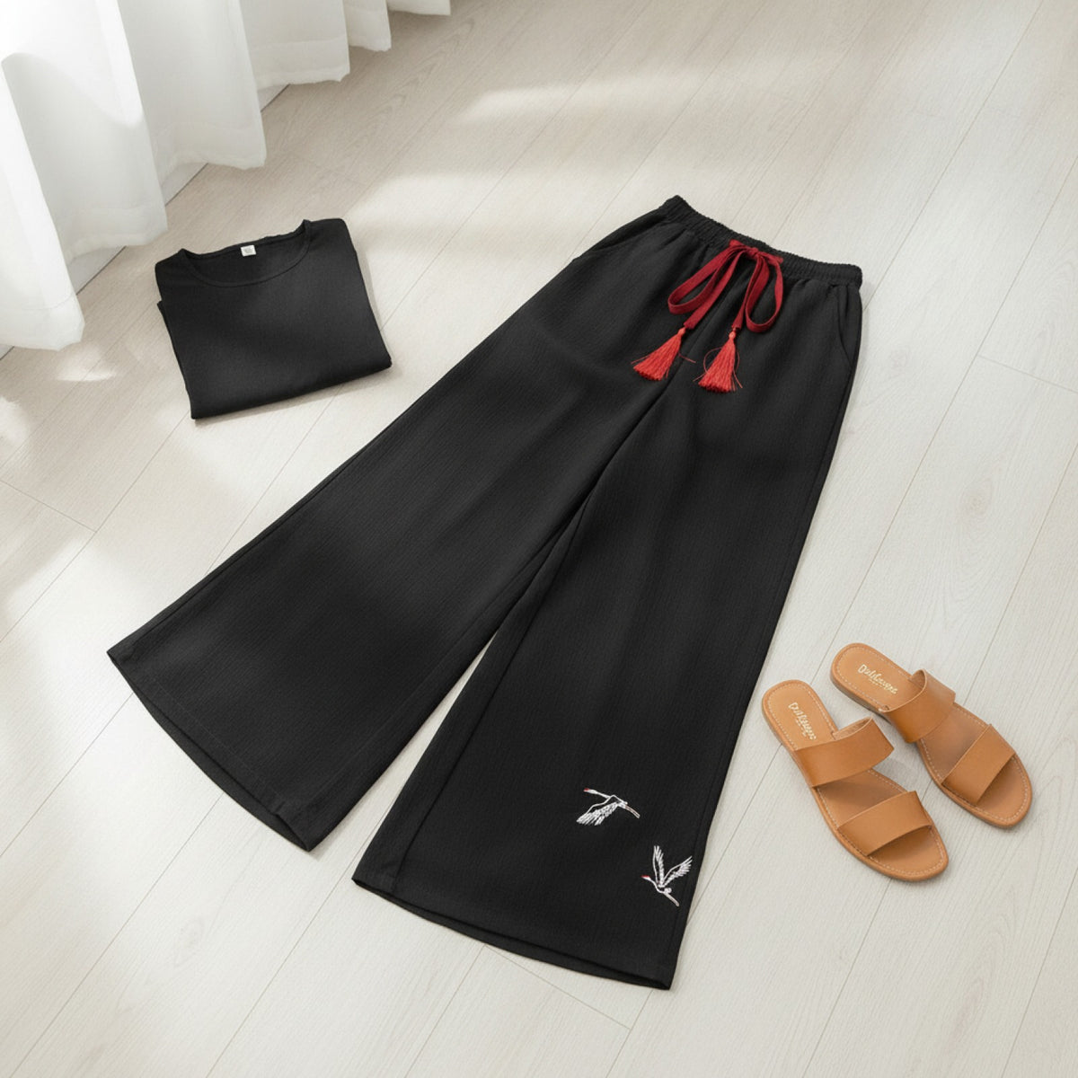 Pantalon Court Femme Tangslady Style Chiffon Léger Motif Oiseaux
