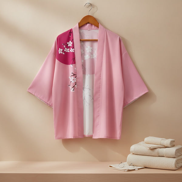 Kimono Court Fleuri Polyester Femme - Style Traditionnel