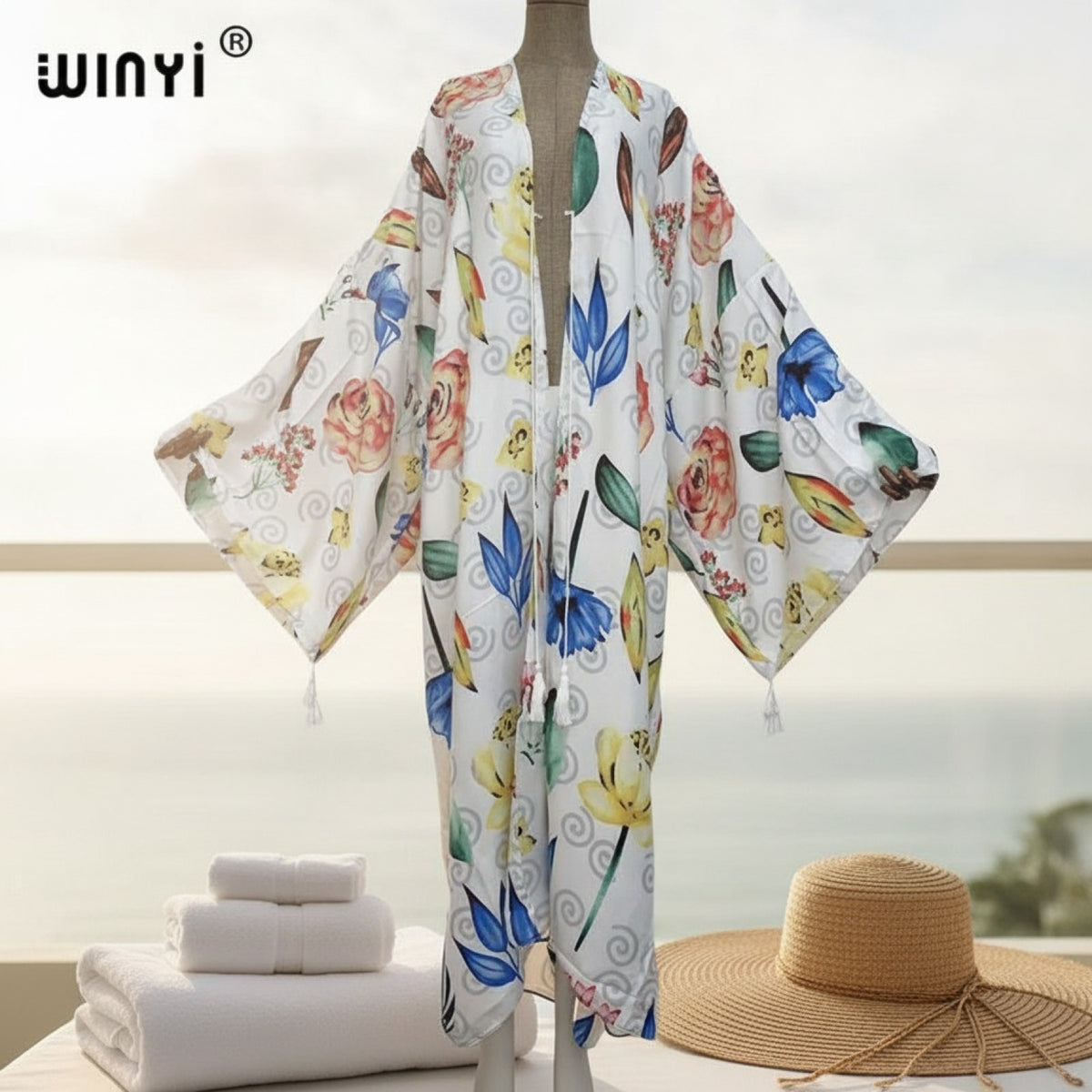 Kimono Long Bohème Femme à Manches Chauve-Souris - Motif Fleuri Été
